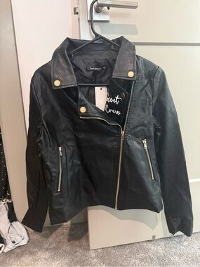 Black Faux Leather Moto Jacket with Gold Hardware